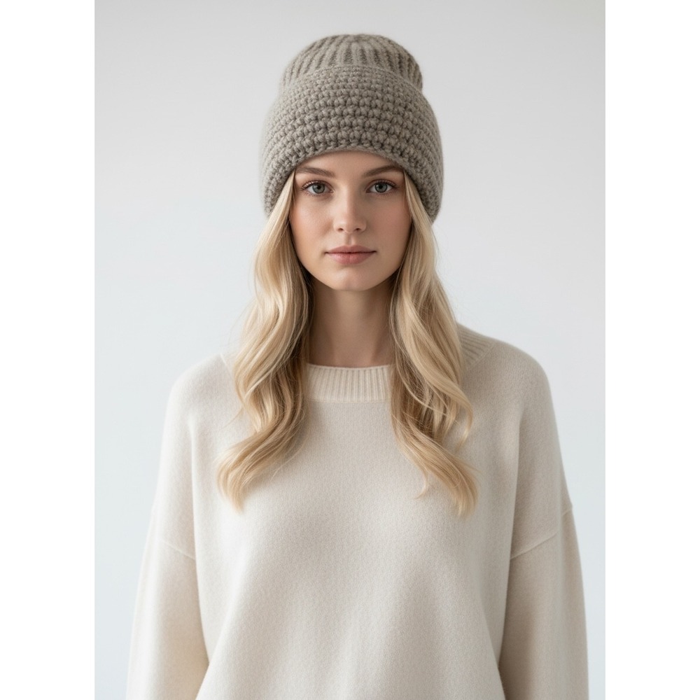Angora Wool Blend Ribbed Beanie Hat Taupe Beige Lined Fuzzy Winter Cap